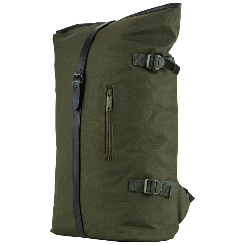 green heavy cotton canvas roll top backpack side image zip and fastenings